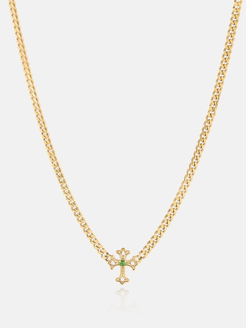 Gold Plated Cross Pendant Necklace with Green Accent